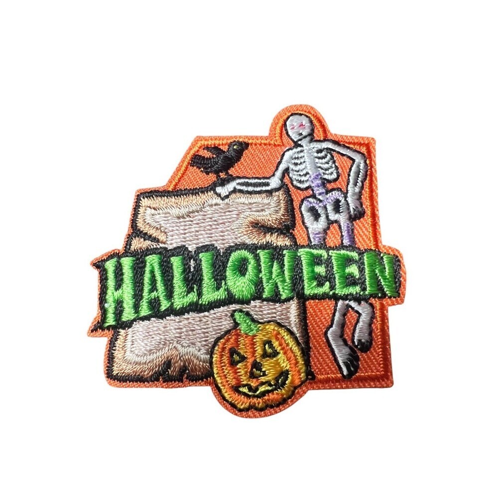 NEW Halloween Pumpkin & Skeleton 2" Embroidered Patch Seasonal Costume Orange